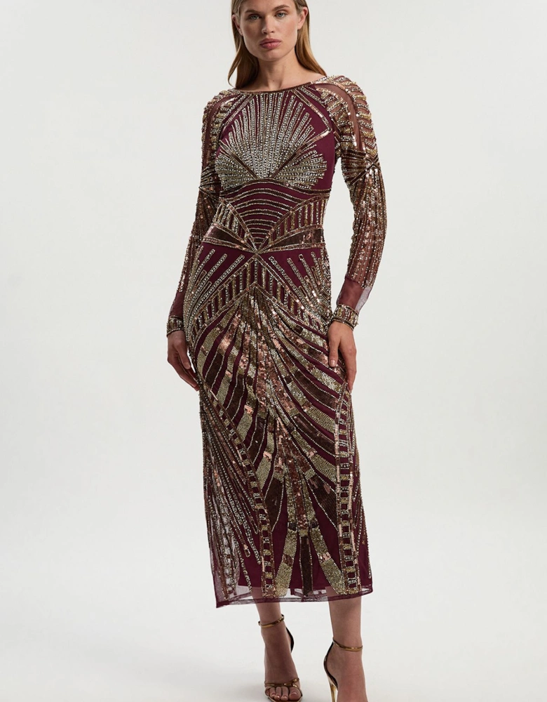 Petite Premium Mirrored Crystal Embellished Woven Long Sleeve Column Dress