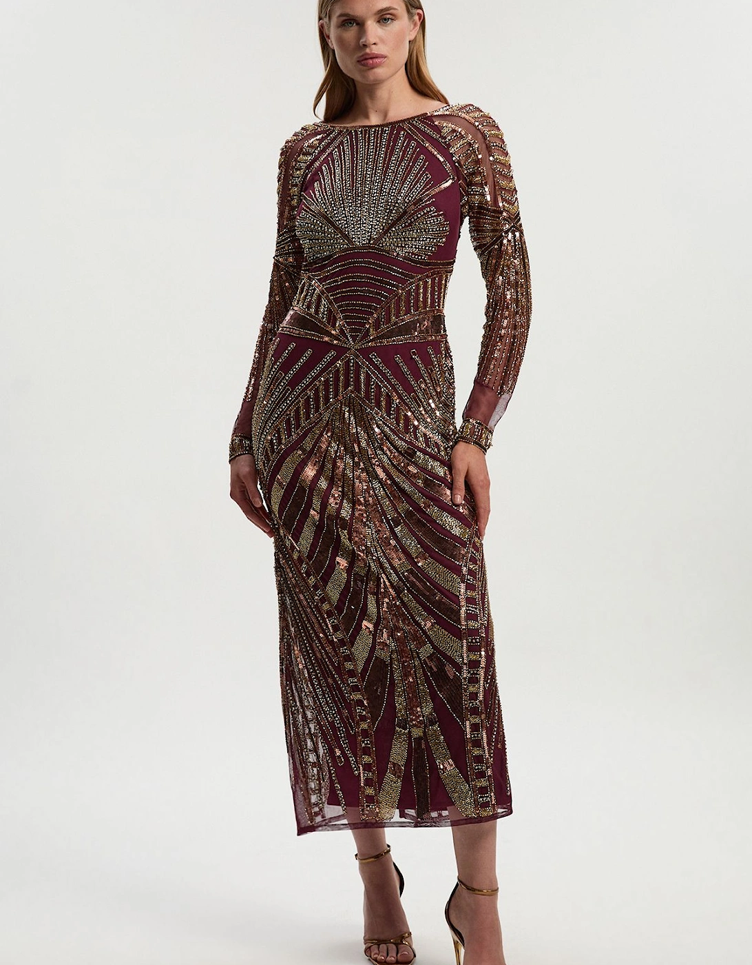 Petite Premium Mirrored Crystal Embellished Woven Long Sleeve Column Dress, 2 of 1
