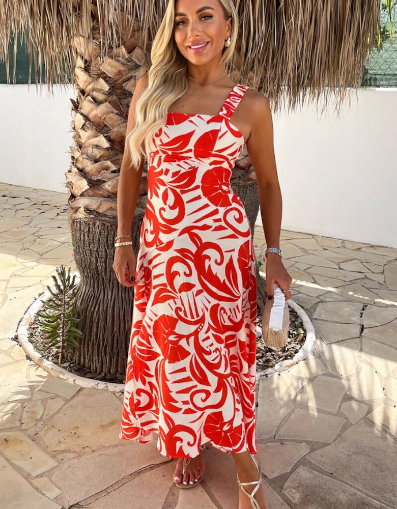 Orange And White Tropical Print Shirred Straps Button Detail Midi Dress