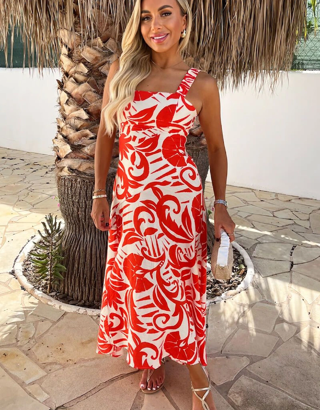 Orange And White Tropical Print Shirred Straps Button Detail Midi Dress, 2 of 1