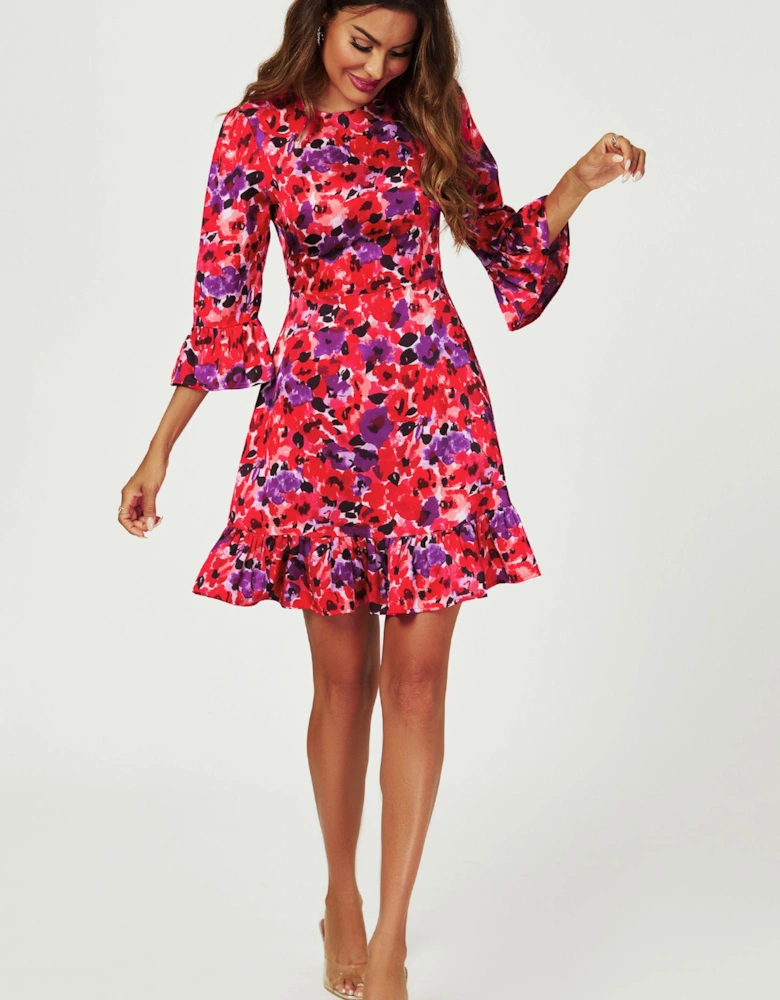 Abstract Floral Print Mini Dress In Red