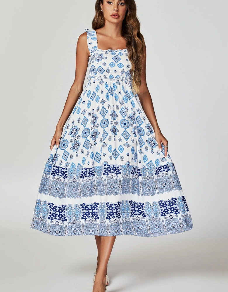 Blue Border Print Hem Detail Tiered Maxi Dress In White