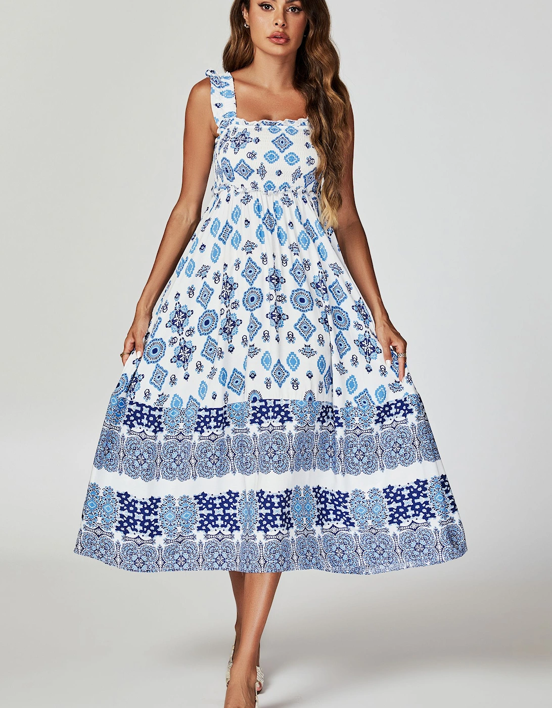 Blue Border Print Hem Detail Tiered Maxi Dress In White, 2 of 1