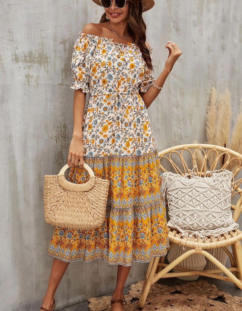 Boho Floral Print Bardot dress In Yellow