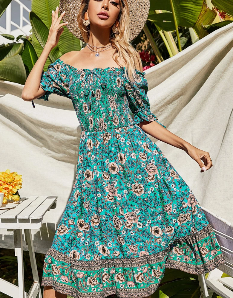 Floral Print Boho Bardot Midi Dress In Green