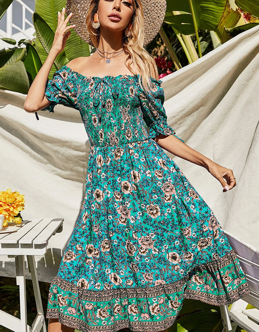 Floral Print Boho Bardot Midi Dress In Green, 2 of 1