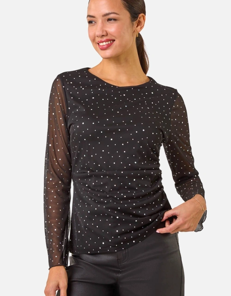 Sequin Spot Mesh Ruched Top