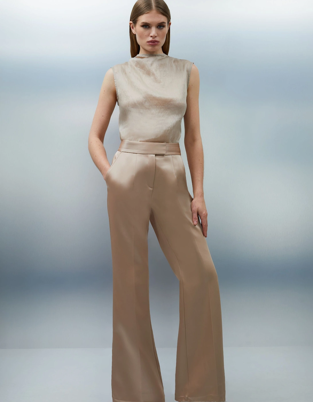 Structured Viscose Satin Stitch Detail Tailored Kickflare Trouser, 2 of 1