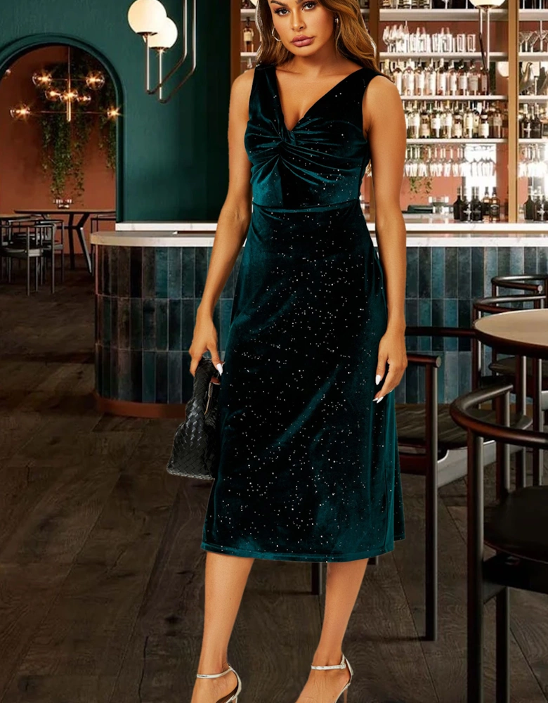 Silver Sparkly Velvet Knot Front Midi Dress In Green