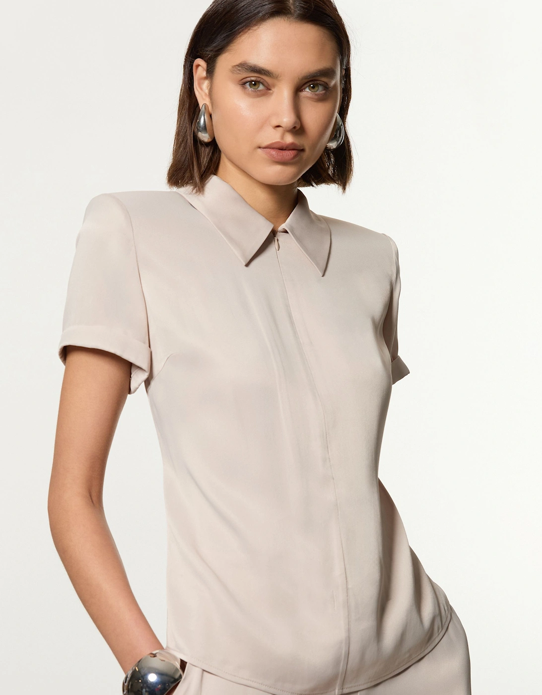 Tall Collared Zip Satin Short Sleeve Woven Top, 2 of 1