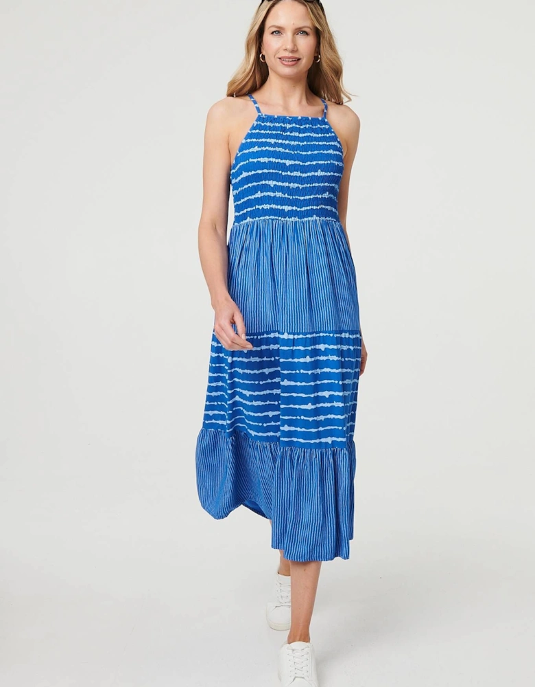 Striped Ruched Texture Tiered Midi Dress