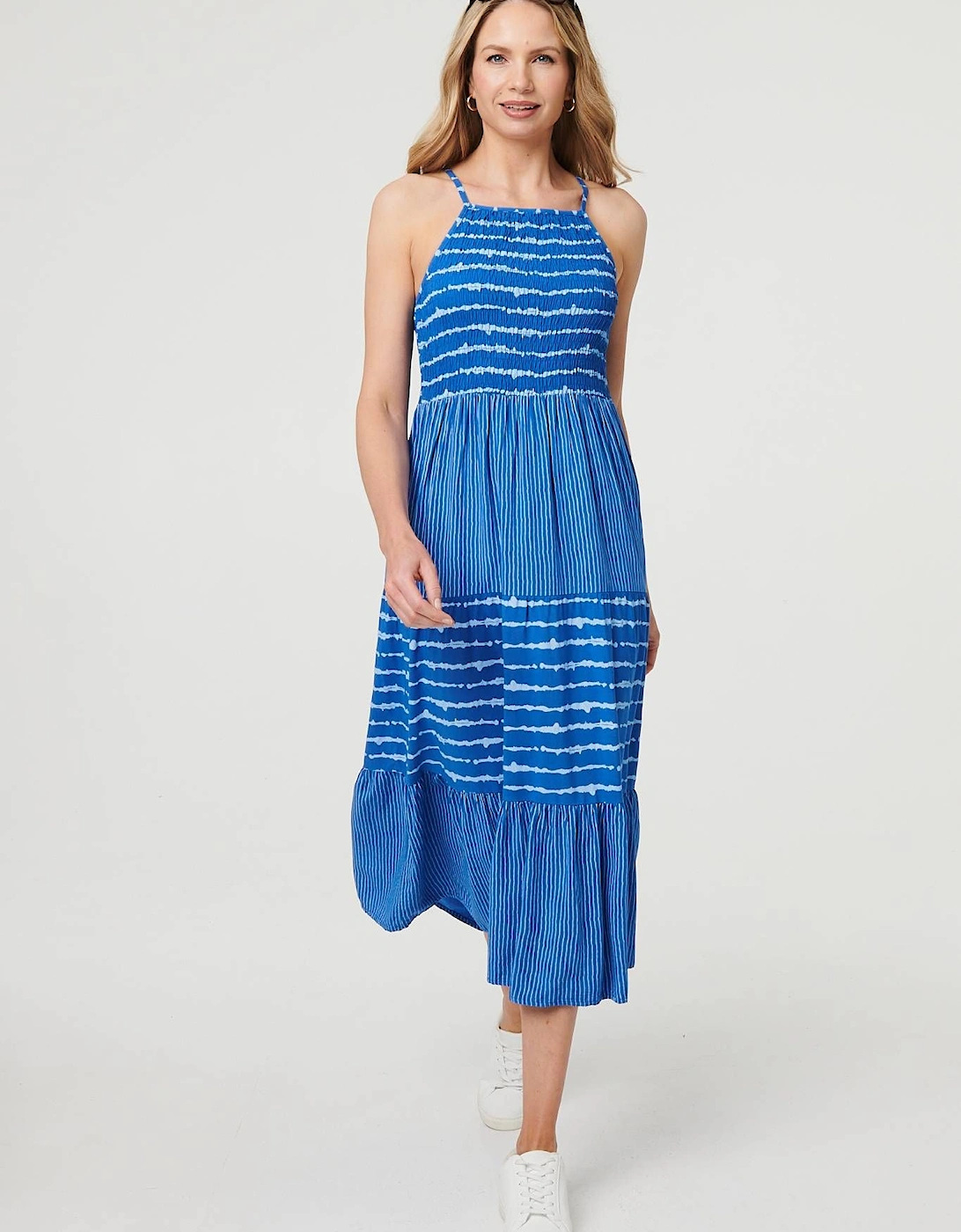 Striped Ruched Texture Tiered Midi Dress, 2 of 1
