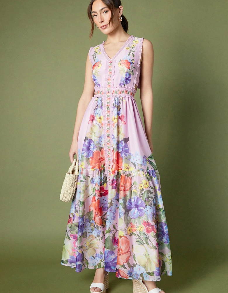 Frill Trim Cut Out Button Through Midi Dress
