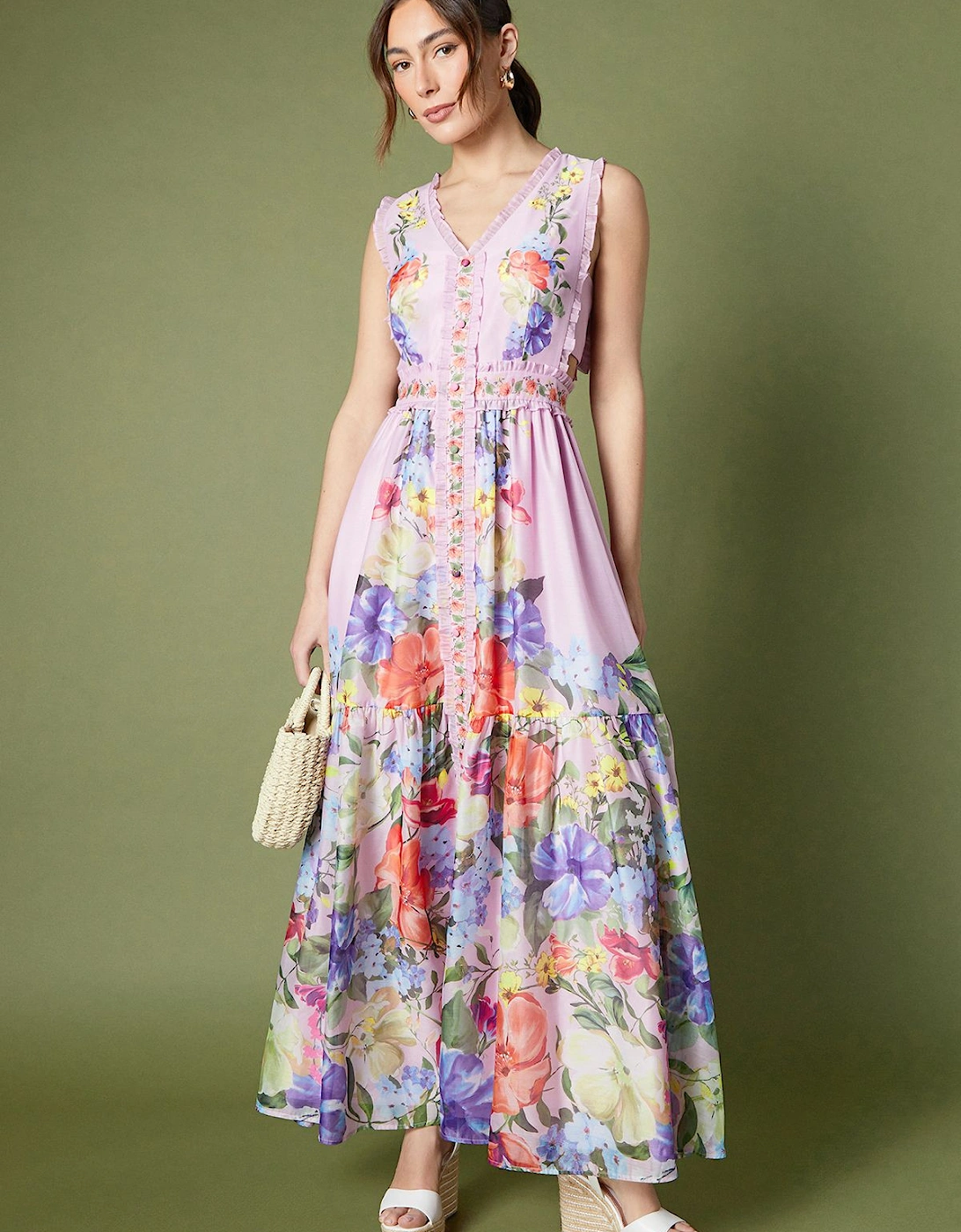 Frill Trim Cut Out Button Through Midi Dress, 2 of 1