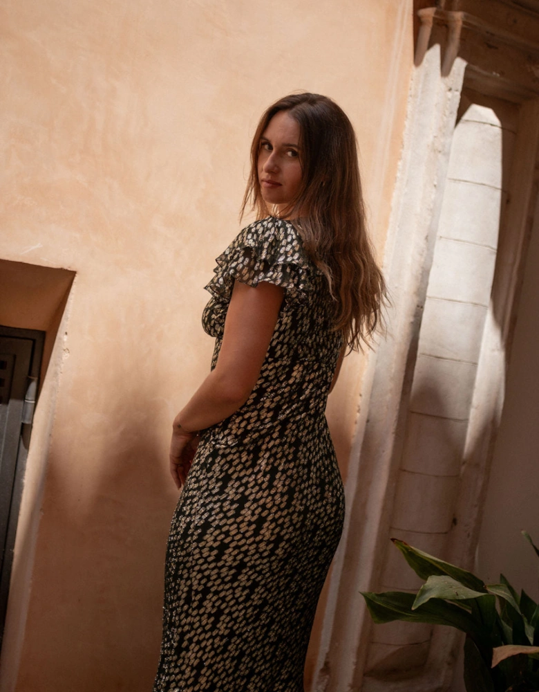 Dark Green Viscose Clipped Gold Jacquard Bias Cut Maxi Dress