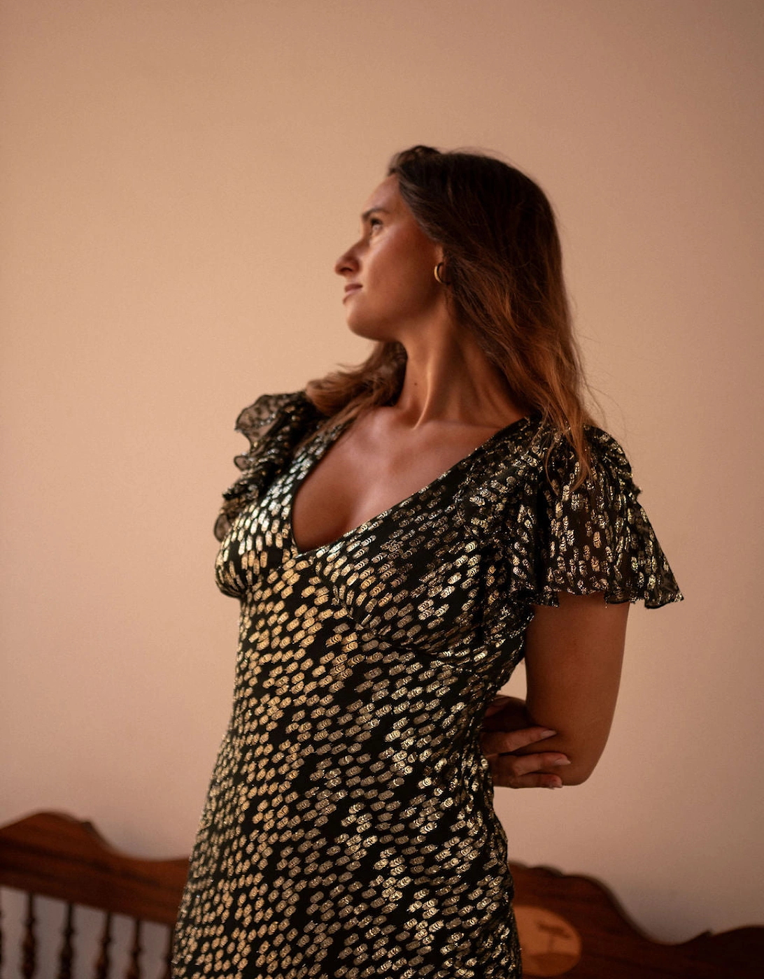 Dark Green Viscose Clipped Gold Jacquard Bias Cut Maxi Dress