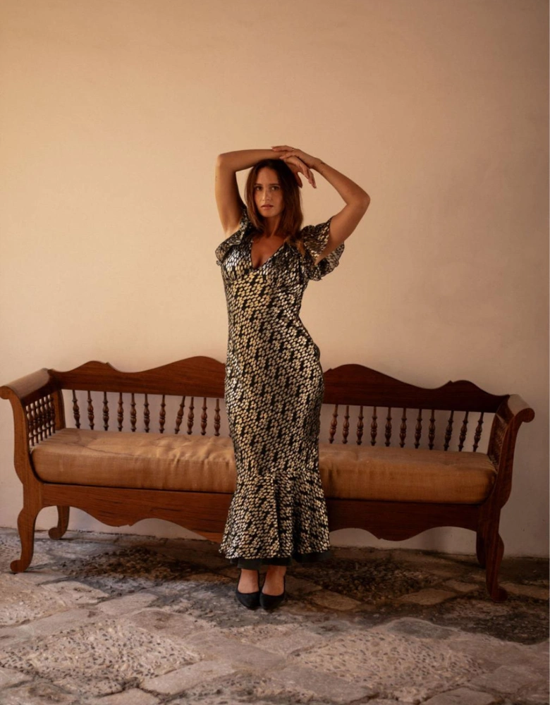 Dark Green Viscose Clipped Gold Jacquard Bias Cut Maxi Dress