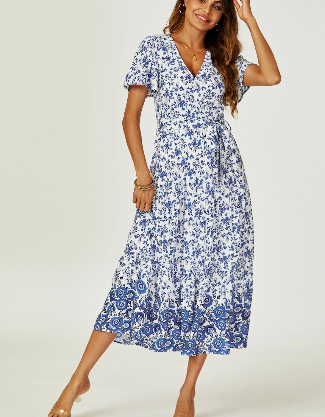 Floral Border Print Hem Tiered Midi Dress In White, 2 of 1