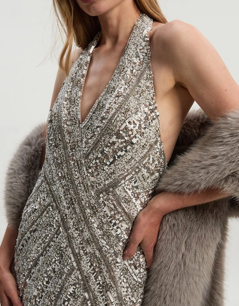 Metallic Embellished And Beaded Halter Maxi Dress