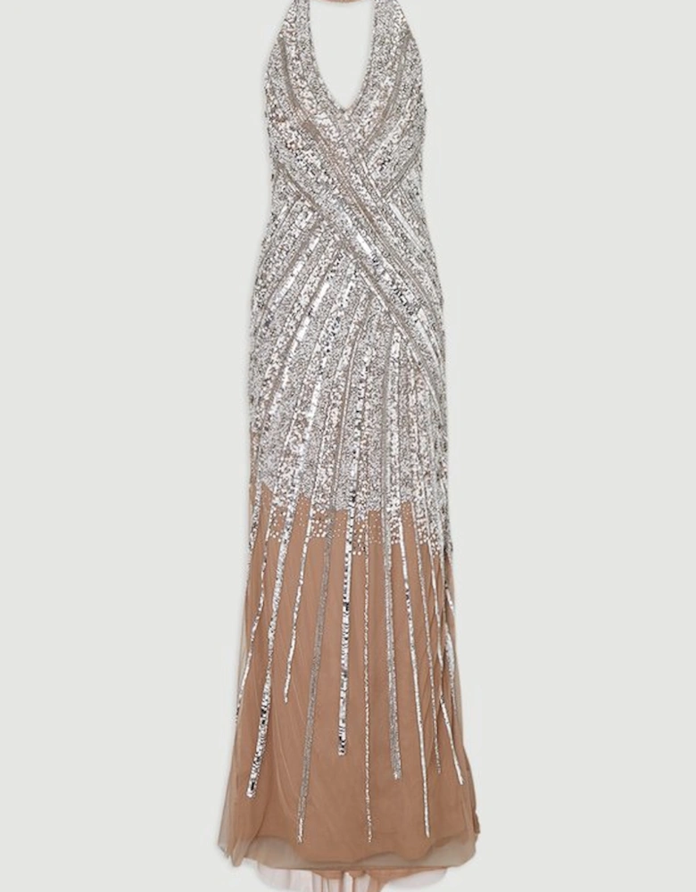 Metallic Embellished And Beaded Halter Maxi Dress