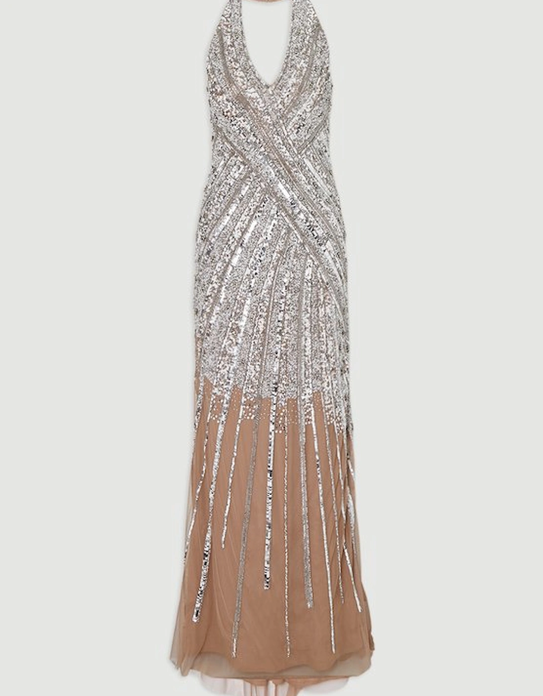 Metallic Embellished And Beaded Halter Maxi Dress