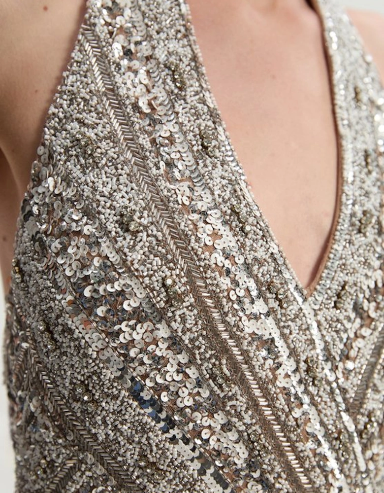 Metallic Embellished And Beaded Halter Maxi Dress