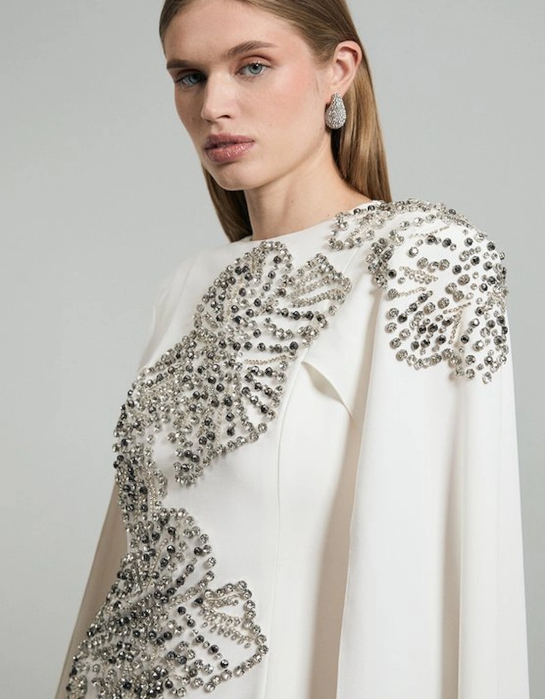 Placed Floral Crystal Embellished Tailored Drama Cape Maxi Dress