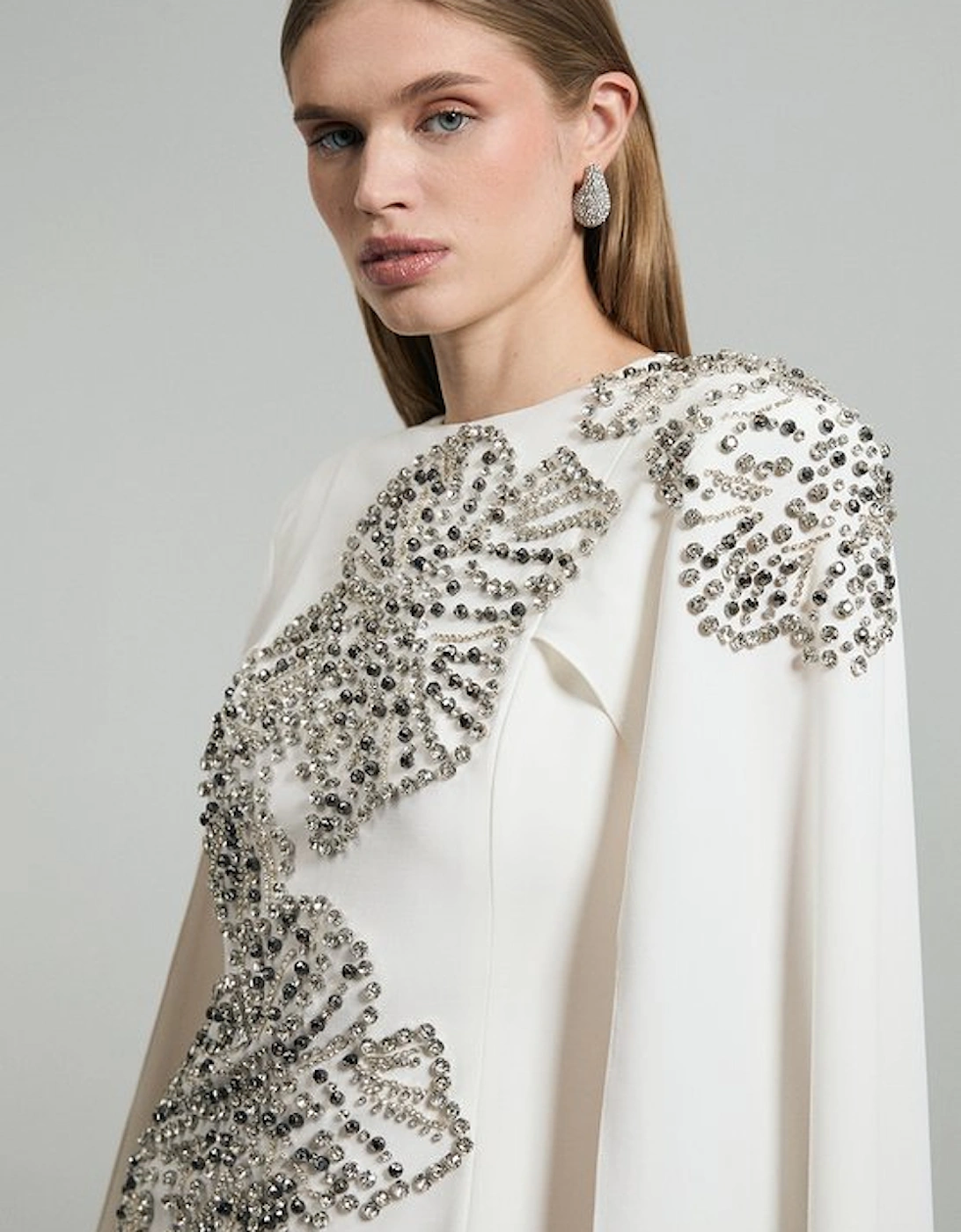 Placed Floral Crystal Embellished Tailored Drama Cape Maxi Dress