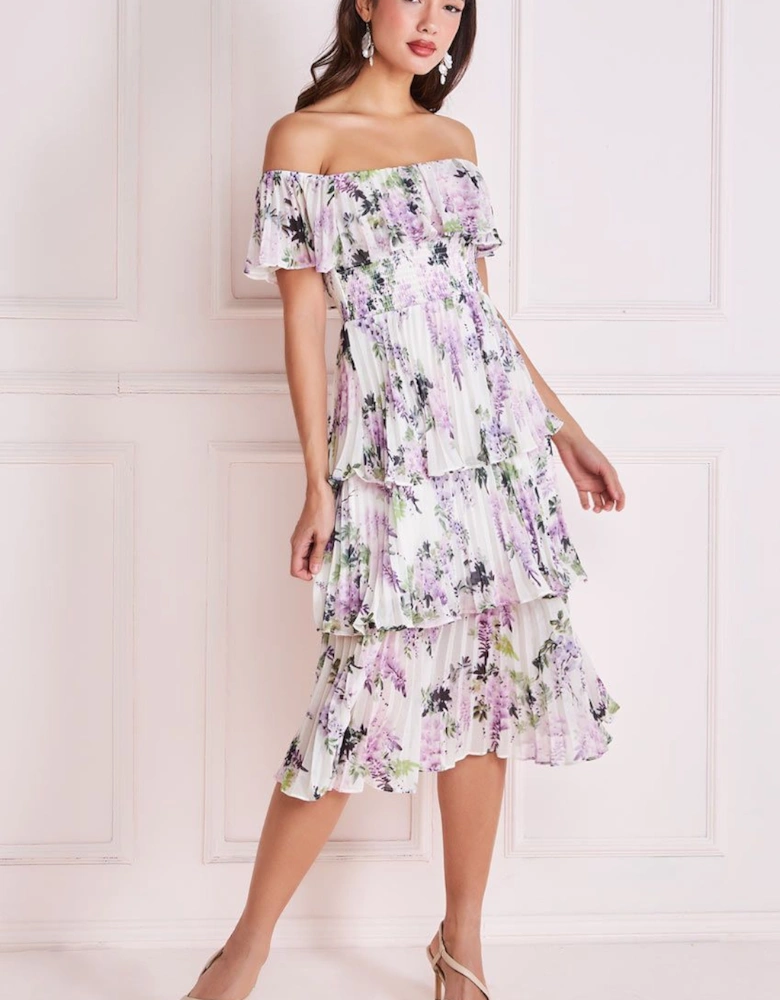 Shirred Chiffon Floral Bardot Midi