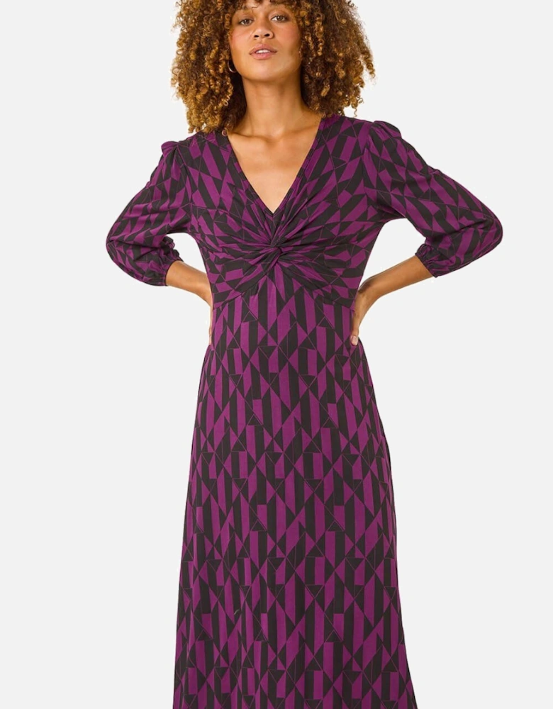 Geometric Print Twist Front Midi Dress