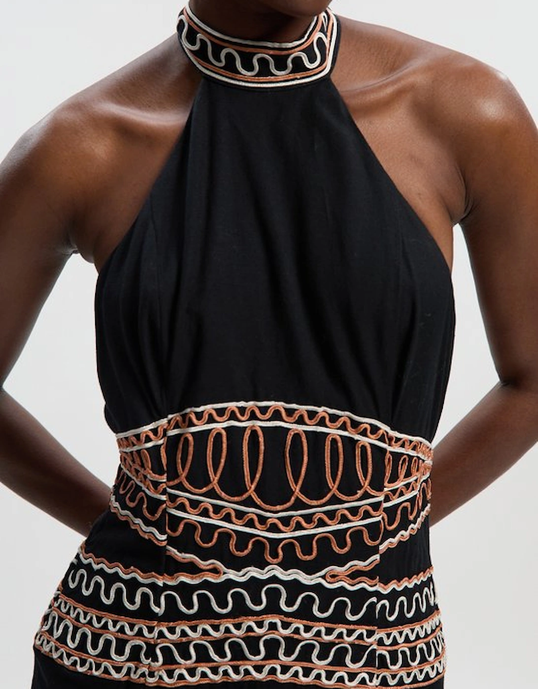 Embroidered Cotton Linen Woven Halter Dress