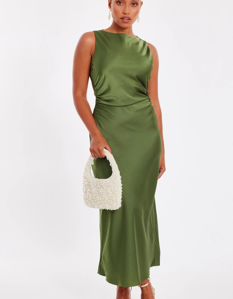 Khaki Petite Satin Ruched Midi Dress