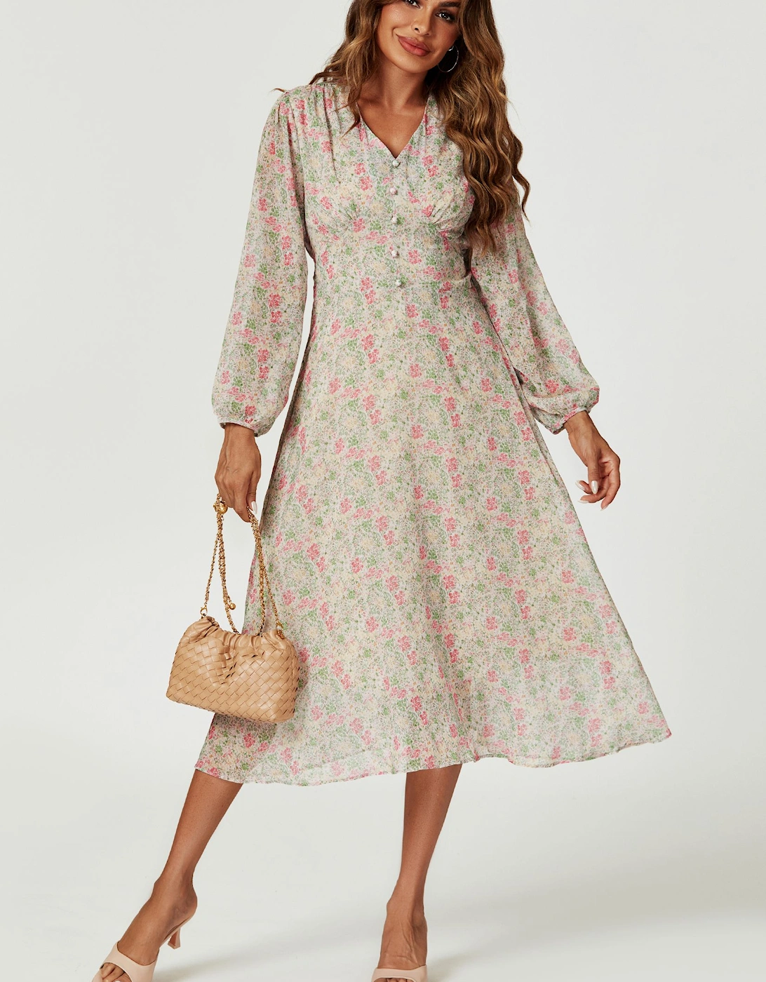 Floral Print Long Sleeve Midi Dress In Multi, 2 of 1