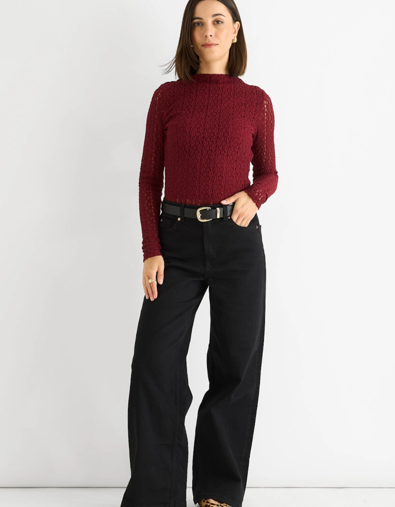 Burgundy High Neck Jersey Lace Long Sleeves Top