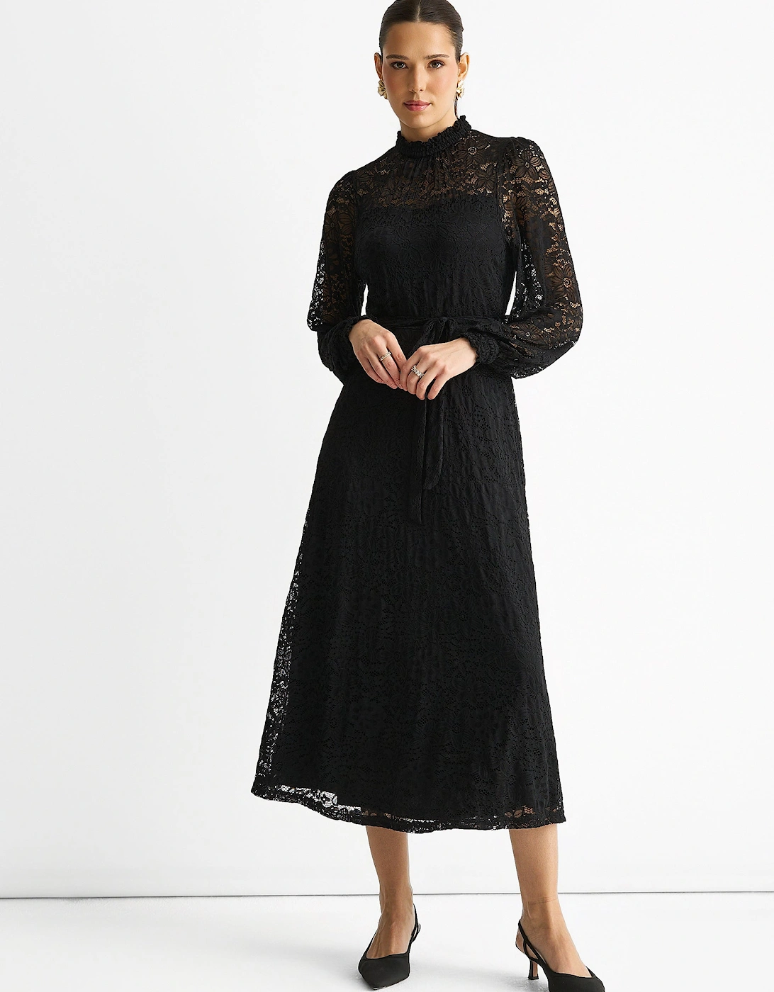 Gini London Women's Black High Neck Jersey Lace Occasion Midi Dress - Size 10