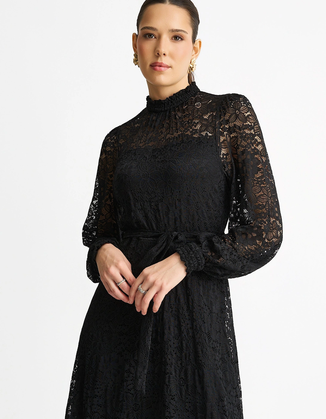 Black High Neck Jersey Lace Occasion Midi Dress