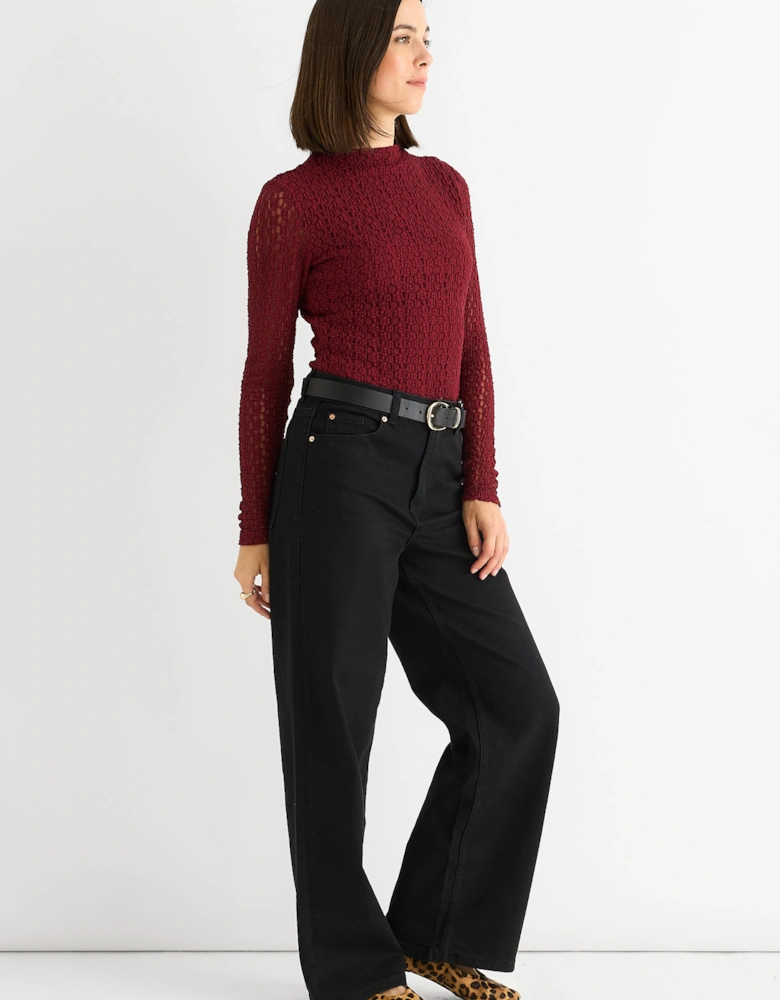 Burgundy High Neck Jersey Lace Long Sleeves Top