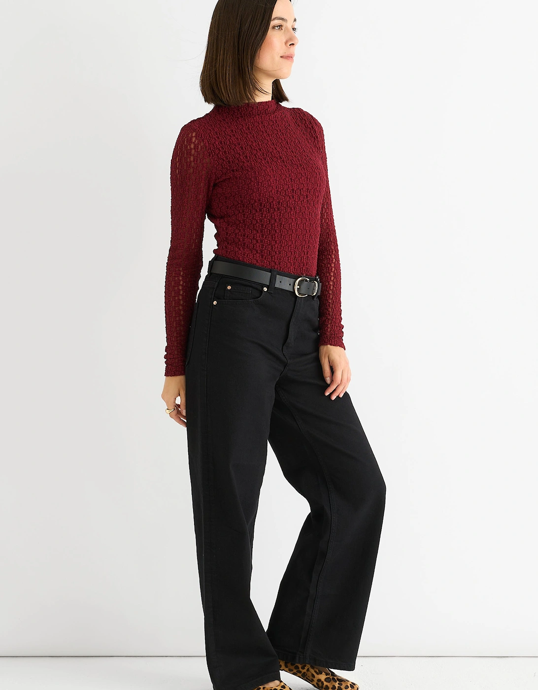 Burgundy High Neck Jersey Lace Long Sleeves Top