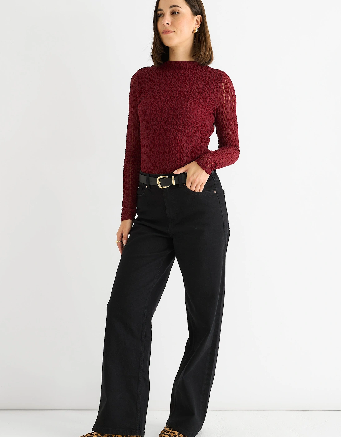 Burgundy High Neck Jersey Lace Long Sleeves Top