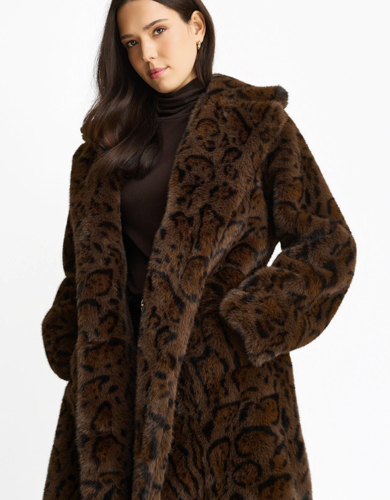 Chocolate Leopard Print Premium Faux Fur Belted Coat