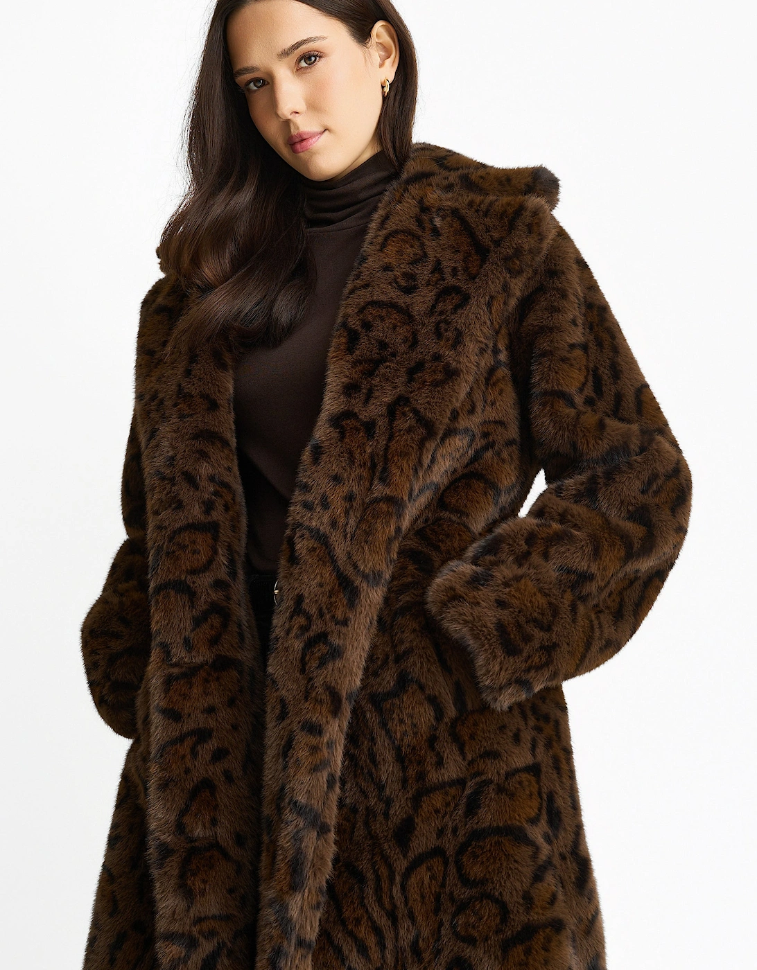Chocolate Leopard Print Premium Faux Fur Belted Coat