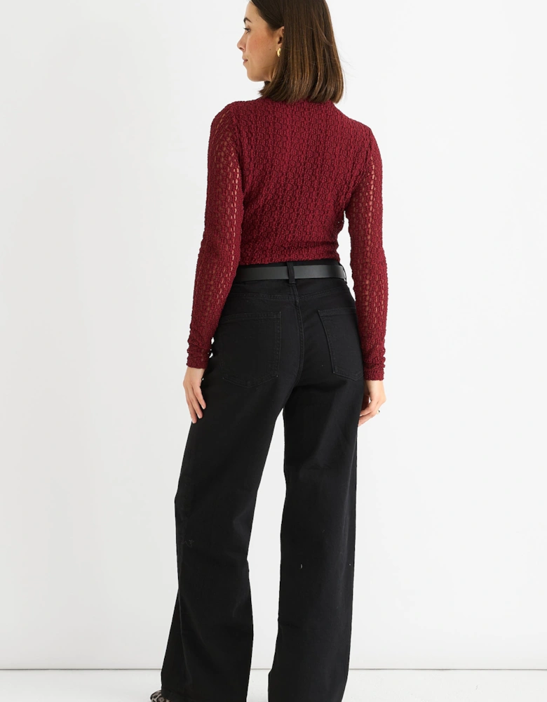 Burgundy High Neck Jersey Lace Long Sleeves Top