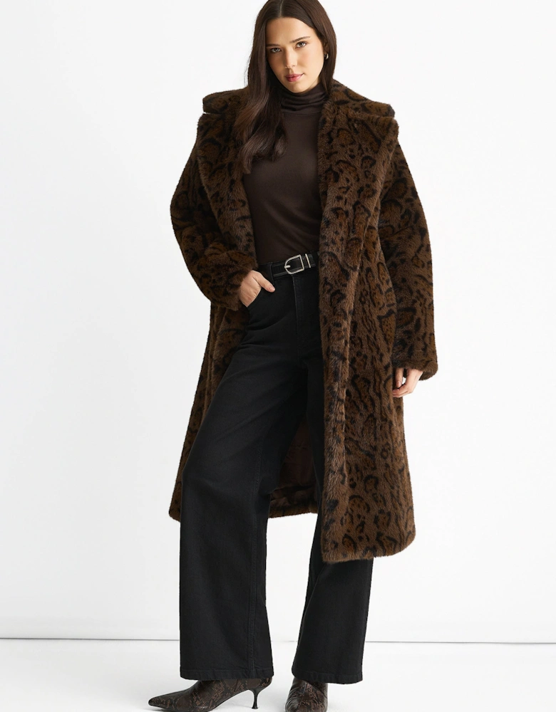 Chocolate Leopard Print Premium Faux Fur Belted Coat