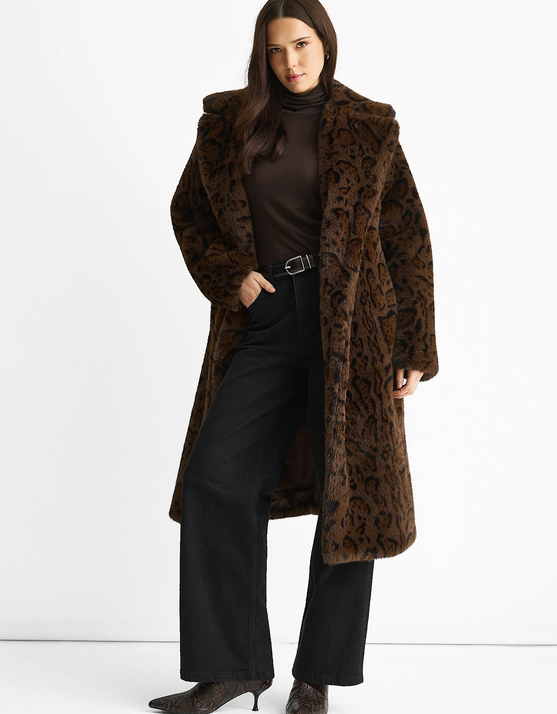 Chocolate Animal Print Premium Faux Fur Belted Long Coat, 5 of 4
