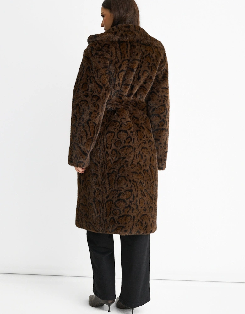 Chocolate Leopard Print Premium Faux Fur Belted Coat