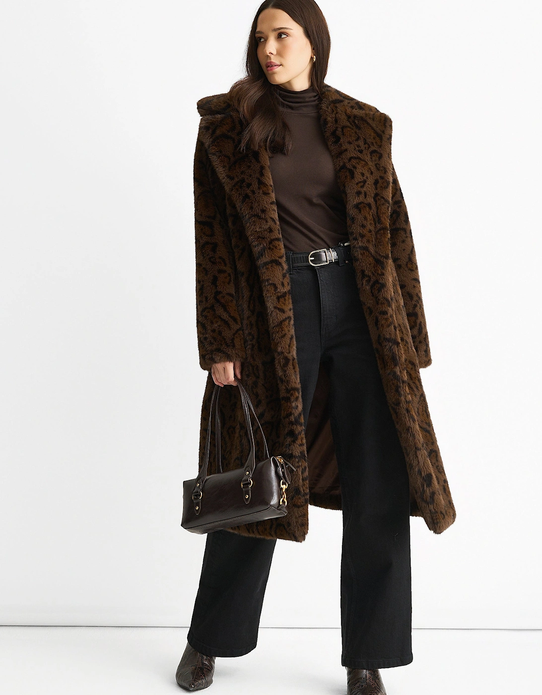 Chocolate Leopard Print Premium Faux Fur Belted Coat