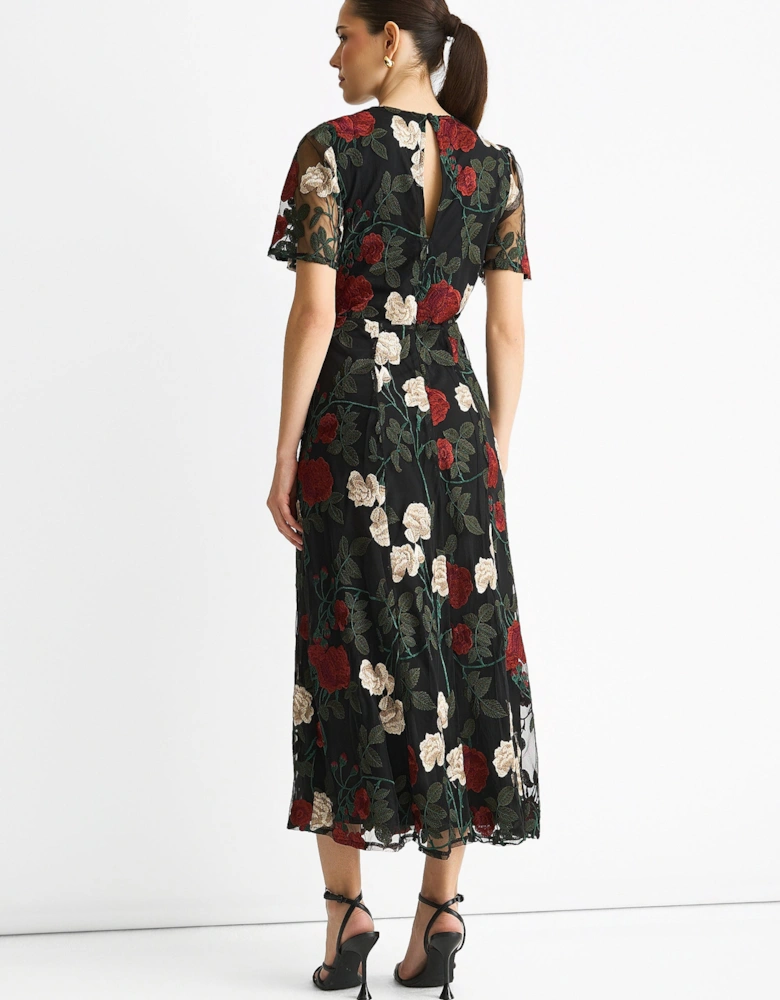Black Angel Sleeves Embroidered Occasion Midi Dress