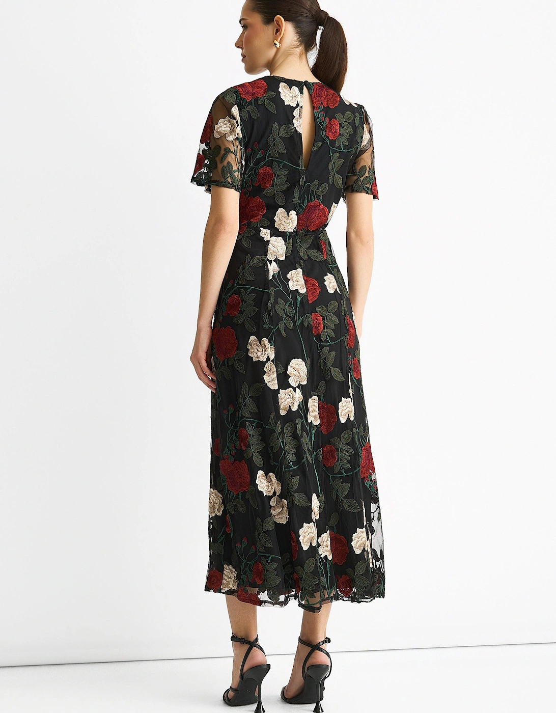 Black Angel Sleeves Embroidered Occasion Midi Dress