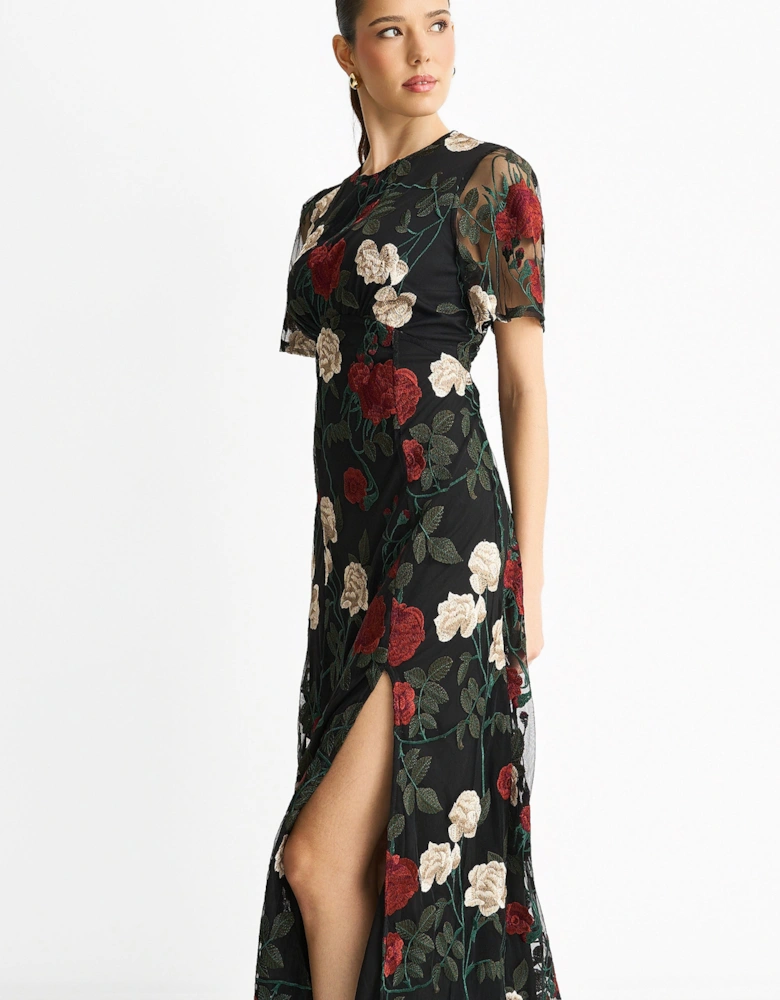 Black Angel Sleeves Embroidered Occasion Midi Dress