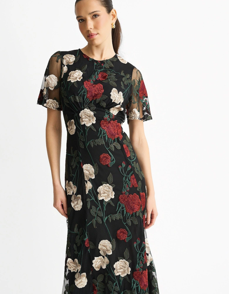 Black Angel Sleeves Embroidered Occasion Midi Dress